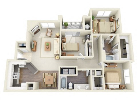 Floor plan for 3 beds, 2 baths, 1235 sqft